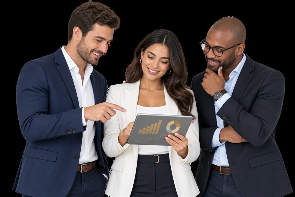 Two men and one woman discussing digital consultancy strategy